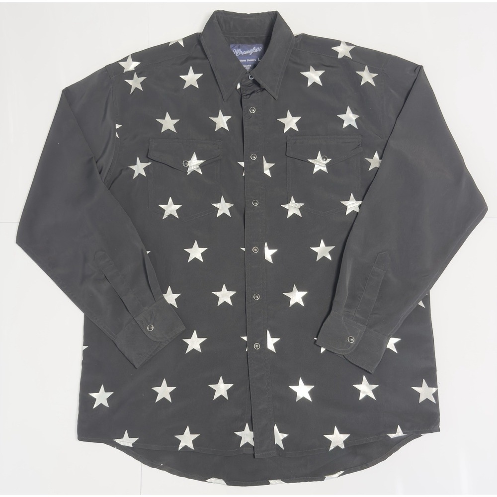 VTG 90s Wrangler Western Mens Pearl Snap Shirt L Metallic Silver Stars Cowboy - Picture 2 of 10